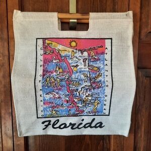 NWOT Vintage Florida graphic wood handle woven large reusable tote beach bag